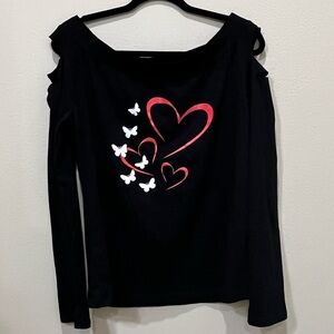 Elegant Black Long Sleeve Top with Heart and Butterfly Design